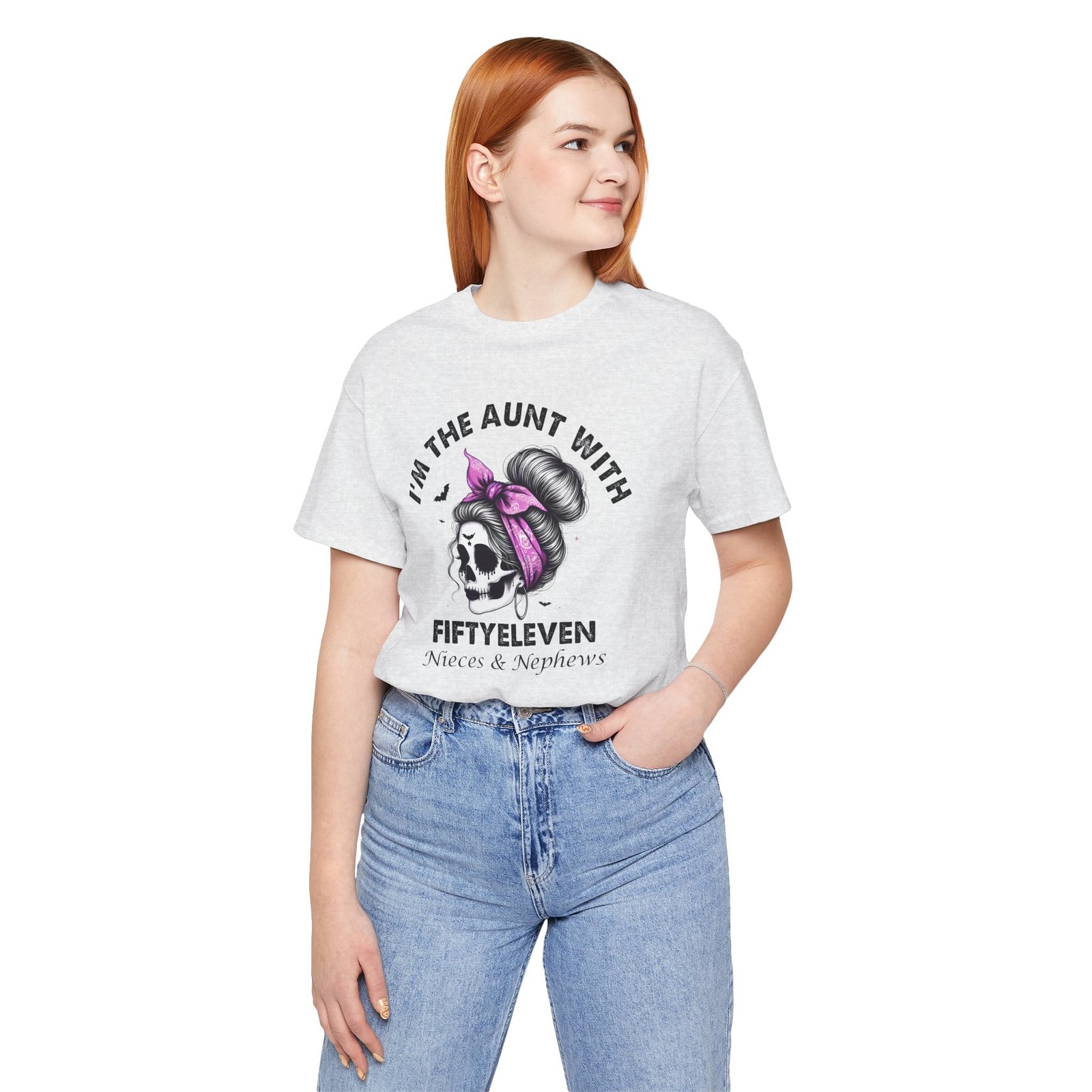 I'm the Aunt with Fifty Eleven – Messy Bun Skull T-Shirt - Image 3